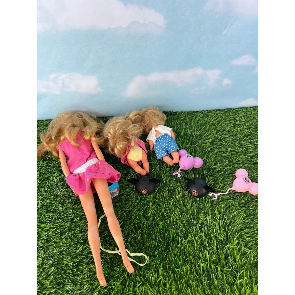 Vintage Barbie Disneyland Doll Set with 2 Toddlers Mickey Ears Balloons 1990s
